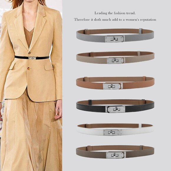 Women\'s Skinny Leather Belt With Adjustable Turn-Lock Buckle Ideal Orange Silver main image 6